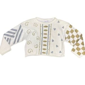 Vintage 1980s 1990s Metallic Painted Pattern Sleeve Cropped Pullover Sweater